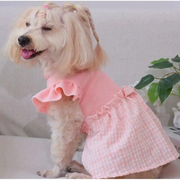 Pink Plaid Bow Ruffles Dog Pet Cat Small Dress NWOT - Picture 2 of 6